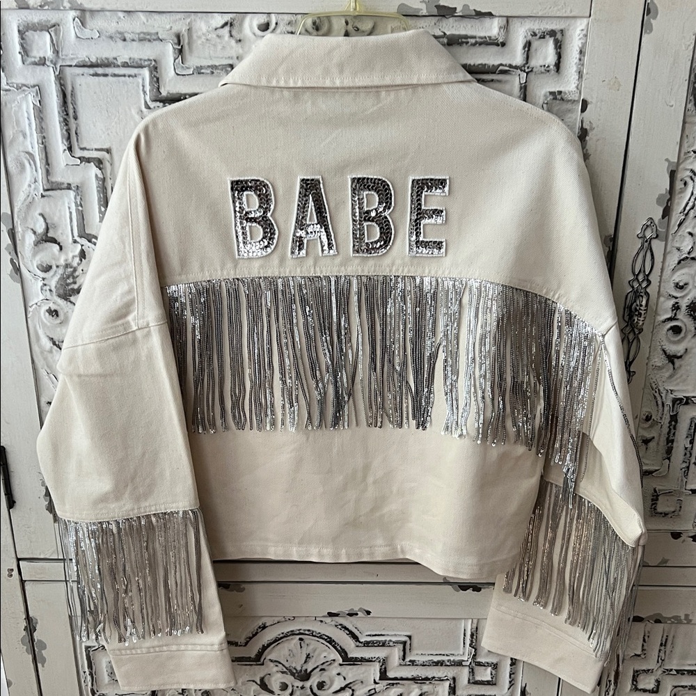 Amazing Lace Cream Jean Jacket with Silver Fringe #104